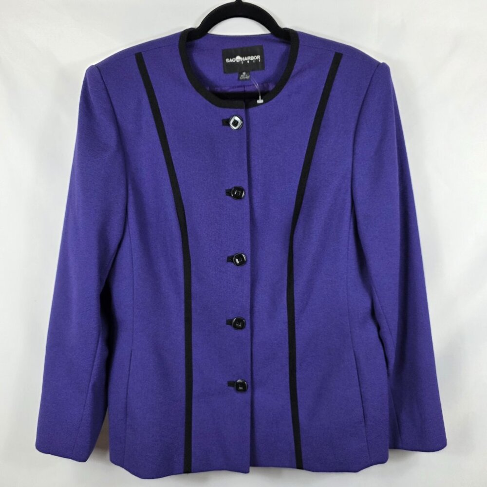 Sag Harbor Collarless Purple Blazer Women's Size 16 Black Trim
